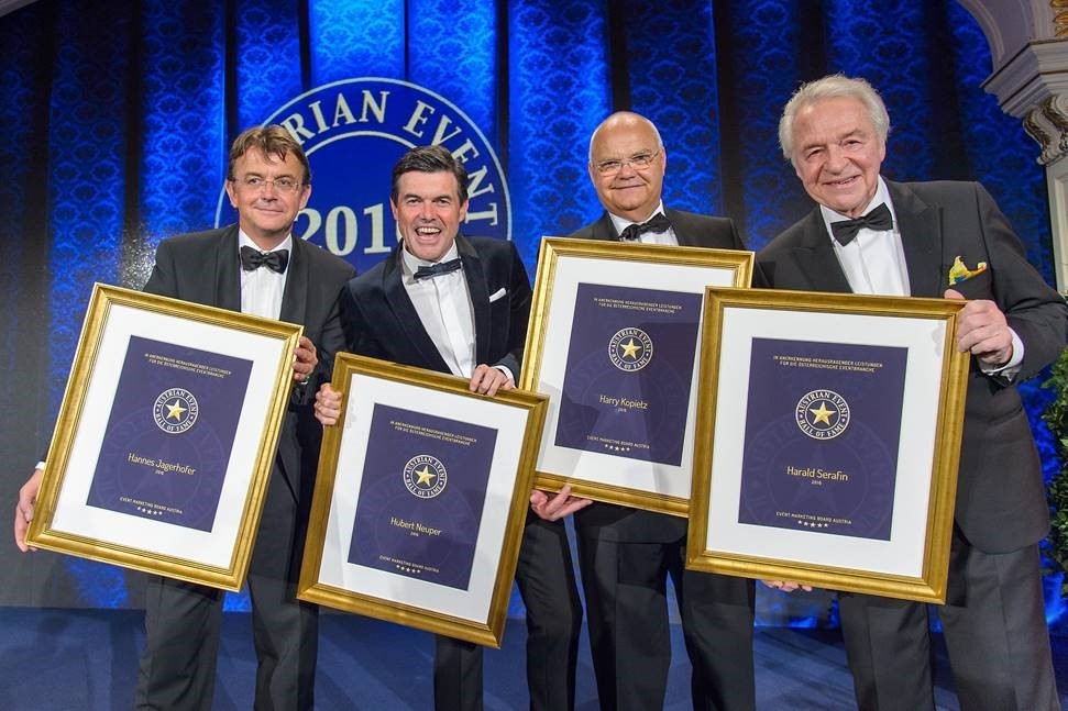 Die stolzen Neulinge der Austrian Event Hall of Fame: Hannes Jagerhofer, Hubert Neuper, Harry Kopietz und Harald Serafin (von links nach rechts) photo credit: emba/Tischler